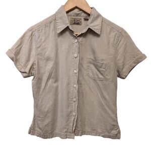 Vintage At Last & Co Linen Blend Short Sleeve Button Front Shirt Natural Oatmeal